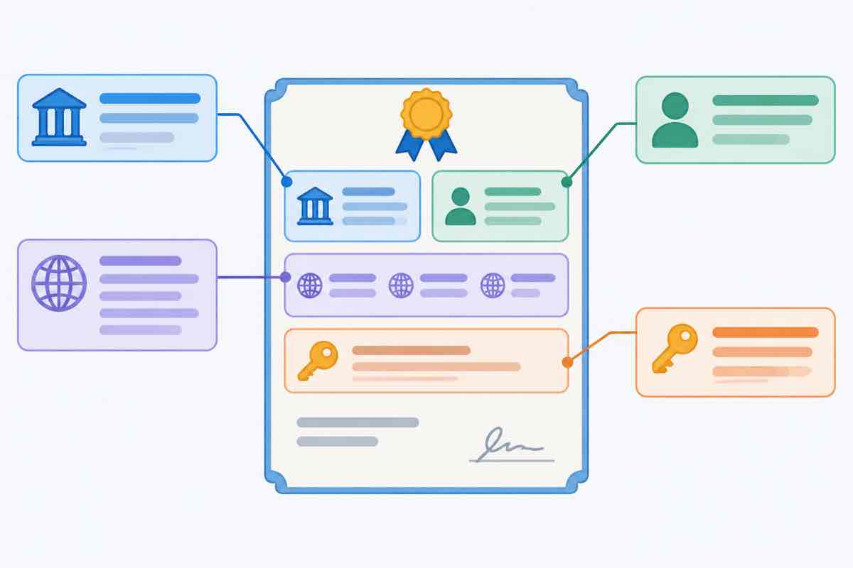 An SSL certificate broken down into its fields and extensions