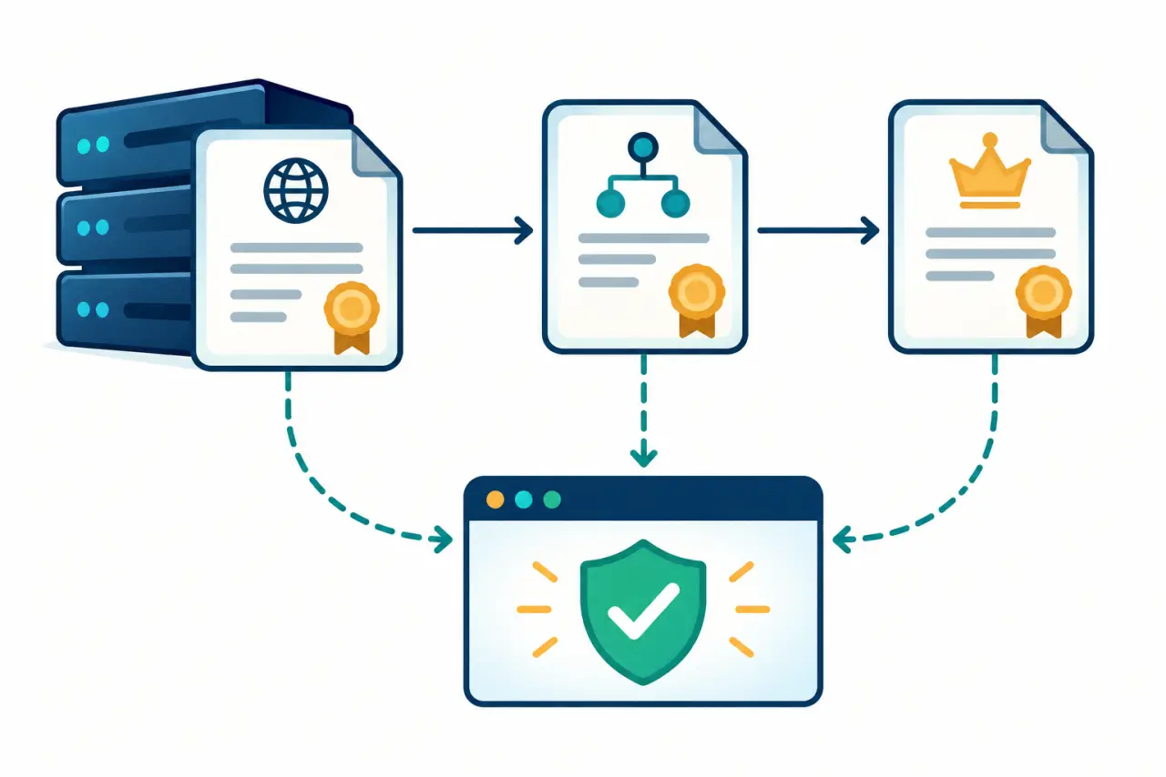 Educational diagram of a leaf SSL certificate linked to an intermediate and root CA
